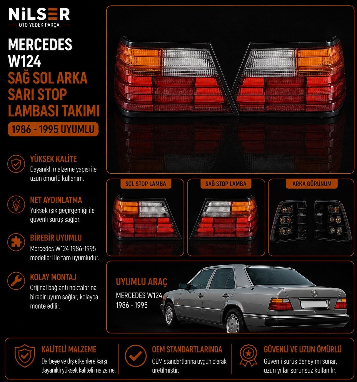 Mercedes W124 200E-230E-E200 Sağ-Sol Sarı Stop Lambası 1986-1995