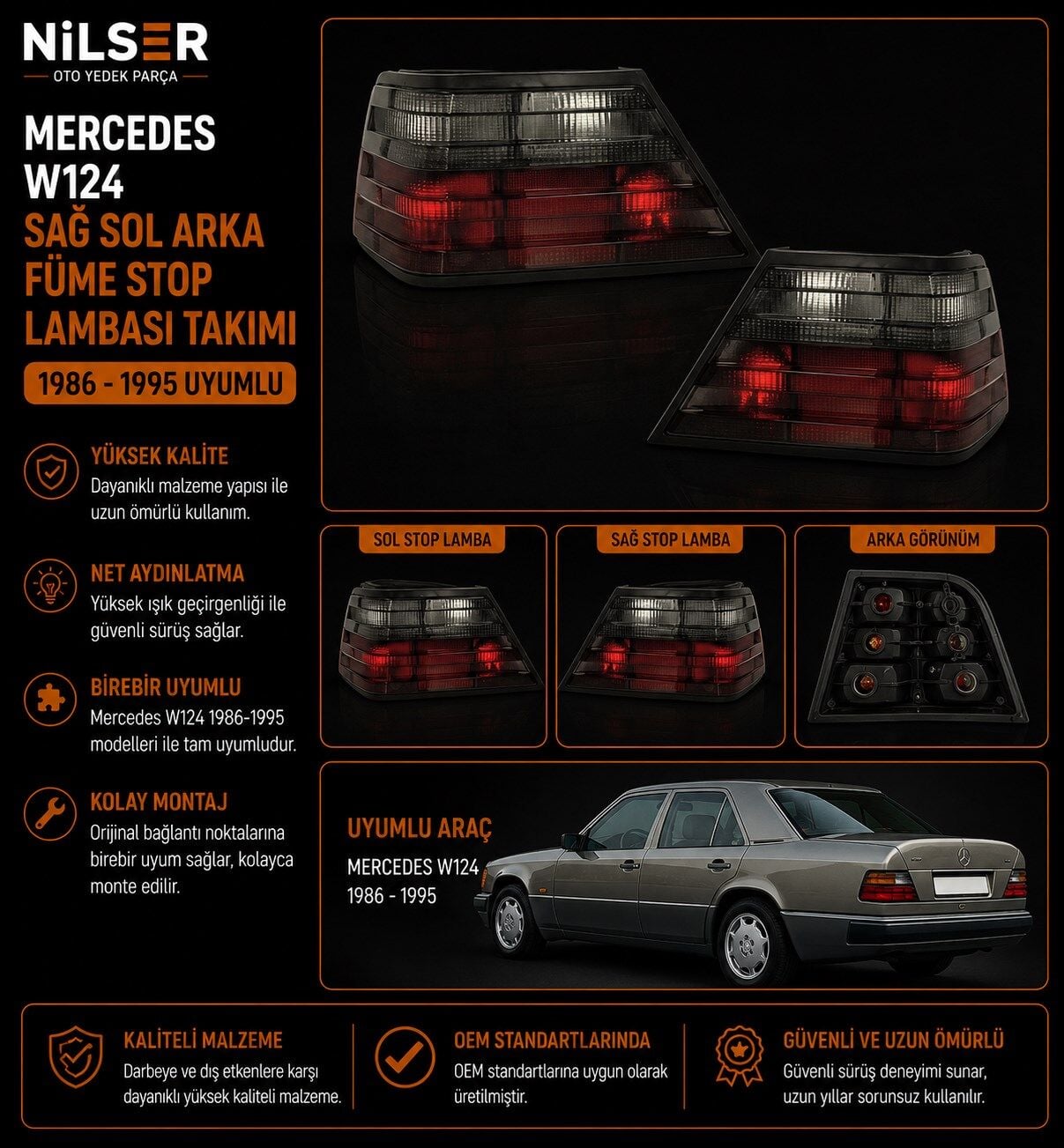 Mercedes W124 Sağ Sol Arka FÜME Stop Lambası Takımı 1986-1995